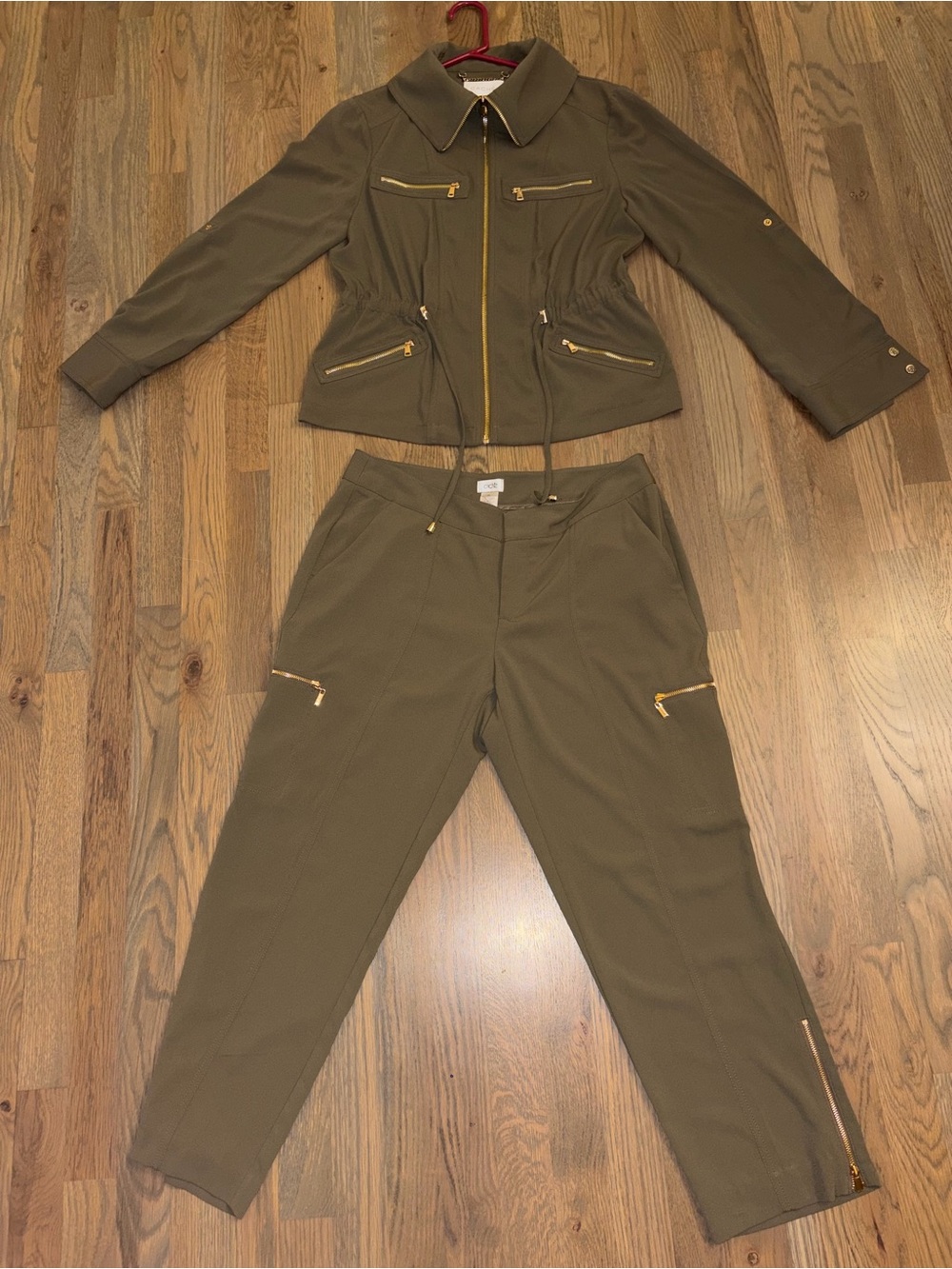 Caché Olive Green Utility Jacket & Pant Set Gold Hardware Size 10